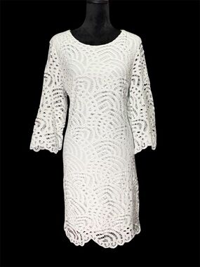 Tacera White Crochet Lace Long Sleeve Shift Dress